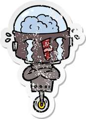 distressed sticker of a cartoon crying robot