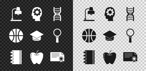 Set Table lamp, Head with gear inside, DNA symbol, Spiral notebook, Apple, Certificate template, Basketball ball and Graduation cap icon. Vector