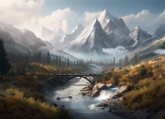 Fototapeta na wymiar A captivating view of a charming bridge above a river spanning a gorge in the heart of a mountain landscape, creating a beautiful harmony between human ingenuity and the rugged grandeur of nature.