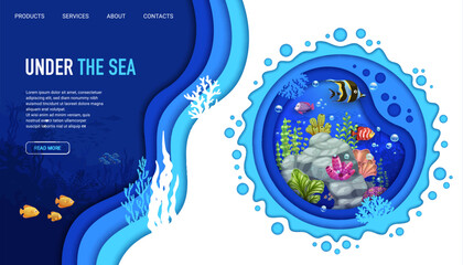 Landing page, cartoon underwater paper cut landscape, vector undersea website template. Cartoon coral reef background in papercut for landing page or web site of aquatic life or underwater world - obrazy, fototapety, plakaty