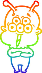 rainbow gradient line drawing of a happy cartoon alien