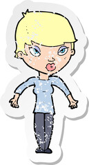 retro distressed sticker of a cartoon woman shrugging shoulders