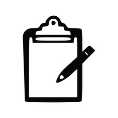Clipboard with a pen icon. Black and white vector illustration.