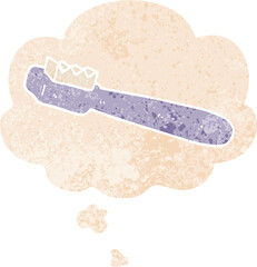 cartoon toothbrush with thought bubble in grunge distressed retro textured style