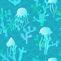 Seamless sea pattern with Jellyfish and corals. Vector illustration.Design for fashion , fabric, textile, wallpaper, wrapping and all prints.