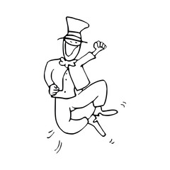 Funny man in a top hat jumping, sketch for your design. Vector illustration
