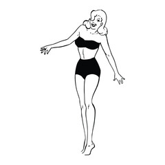 Plus-size fat woman in a black swimsuit on white background. Vector illustration.