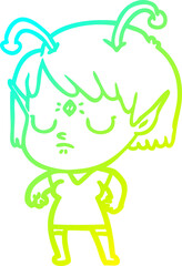 cold gradient line drawing of a cartoon alien girl