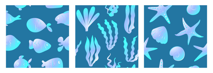 Set of sea patterns with fish, seaweed, starfish and seashells. Vector illustration. Nautical design for fashion, fabric, textiles, wallpaper, packaging and all prints.