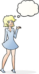 cartoon pretty woman in dress with thought bubble