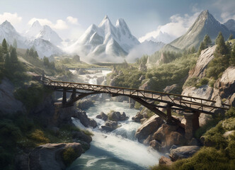 A captivating view of a charming bridge above a river spanning a gorge in the heart of a mountain landscape, creating a beautiful harmony between human ingenuity and the rugged grandeur of nature.