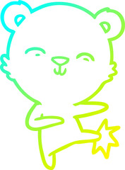 cold gradient line drawing of a happy cartoon polar bear kicking