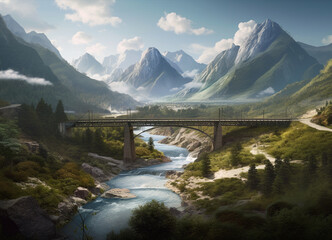 A captivating view of a charming bridge above a river spanning a gorge in the heart of a mountain landscape, creating a beautiful harmony between human ingenuity and the rugged grandeur of nature.