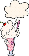 cartoon ice cream soda girl with thought bubble in comic book style