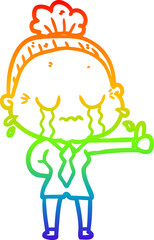 rainbow gradient line drawing of a cartoon old woman crying