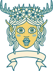 Retro Tattoo Style elf druid character face with banner