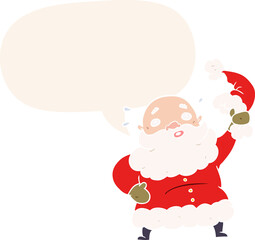 cartoon santa claus waving his hat with speech bubble in retro style
