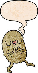 cartoon happy potato with speech bubble in retro texture style