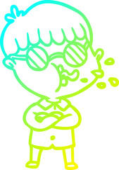 cold gradient line drawing of a cartoon boy wearing spectacles