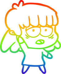 rainbow gradient line drawing of a cartoon tired woman waving