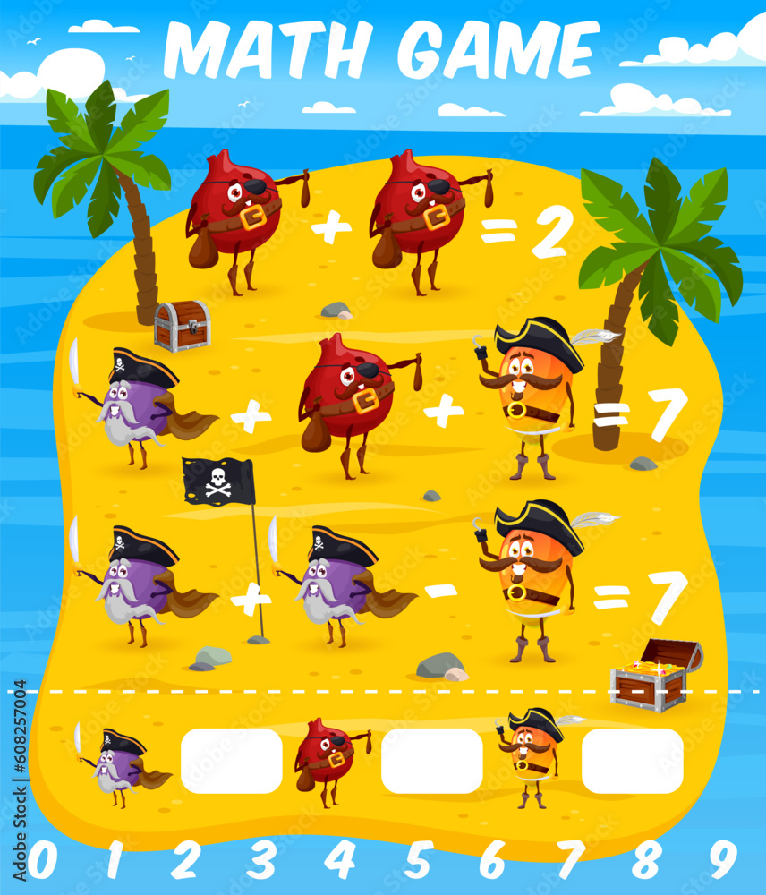 Poster math game worksheet. cartoon mango, plum and pomegranate pirates on island. kids math riddle, vector