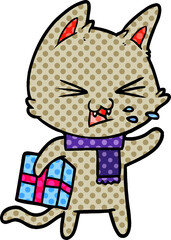 cartoon hissing cat with christmas present