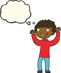cartoon excited boy with thought bubble