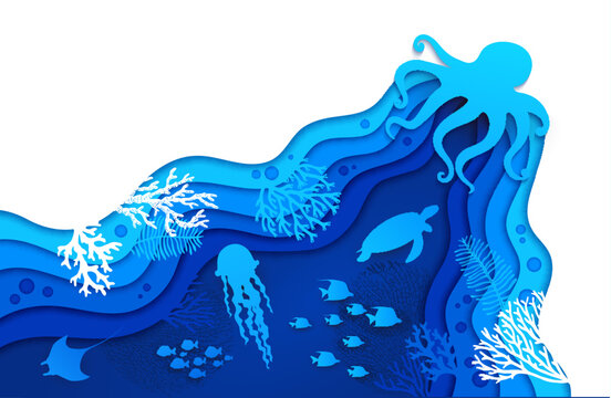 Underwater paper cut silhouette landscape, octopus and seaweeds, fish shoal and stingray in vector papercut. Undersea turtle and corals with tropical fish, turtle and jellyfish in paper cut out layers