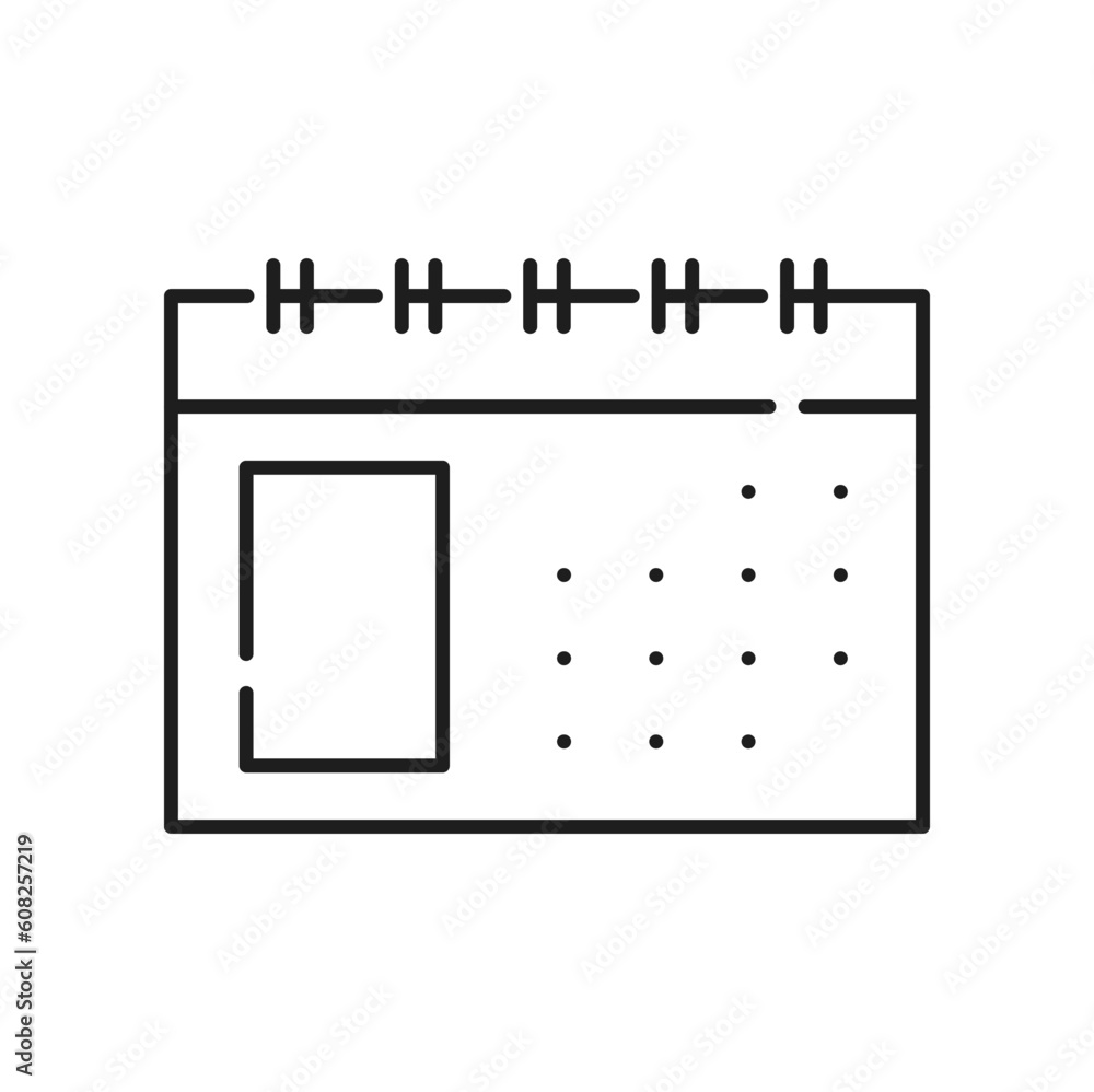Poster Spiral bind calendar page, diary notepad sheet outline icon. Vector agenda schedule page with space for notes. Panning diary notebook with spring