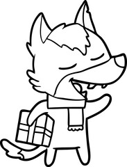 cartoon wolf with christmas present laughing