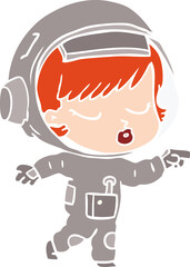 flat color style cartoon pretty astronaut girl pointing