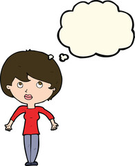 cartoon woman shrugging shoulders with thought bubble