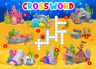 Cartoon underwater landscape with house buildings, crossword quiz game, vector grid. Kids crossword quiz worksheet with undersea world houses and dwelling shelters in coral, seashell and sunken ship