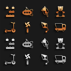 Set Pinwheel toy, Teddy bear plush, Toy truck, Kite, Roller scooter, horse, building block bricks and Submarine icon. Vector