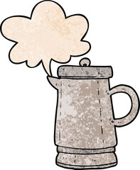 cartoon old metal kettle with speech bubble in retro texture style