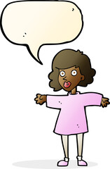 cartoon nervous woman with speech bubble