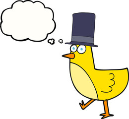 freehand drawn thought bubble cartoon bird wearing hat