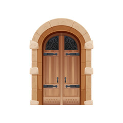 Cartoon medieval castle gate, wooden double door. Palace stone gate, castle entrance or temple exterior architecture isolated vector element. Historical house wooden double doorway with stone arch