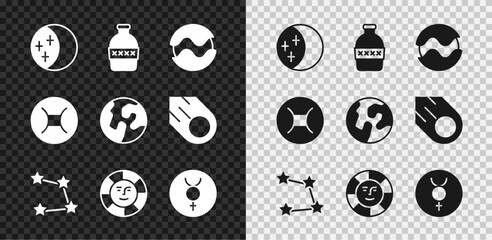 Set Eclipse of the sun, Bottle water, Planet, Star constellation zodiac, Sun, Symbol Mercury, Gemini and Earth globe icon. Vector