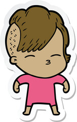 sticker of a cartoon squinting girl
