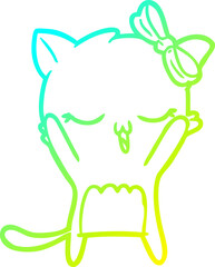cold gradient line drawing of a cartoon cat with bow on head