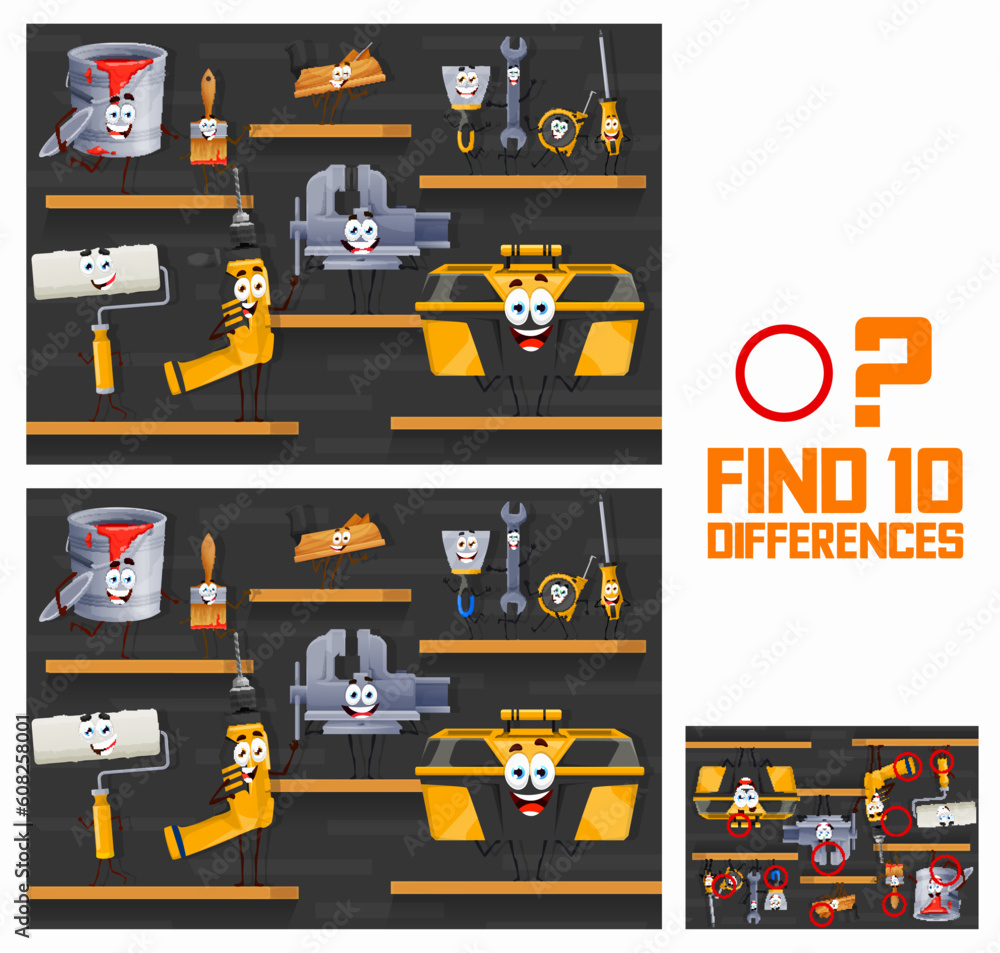 Poster find ten differences of cartoon repair and diy work tool characters, vector puzzle worksheet. kids q
