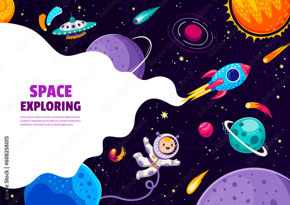Aufkleber space exploring cartoon starship, space planets and astronaut in galaxy. vector background with funn
