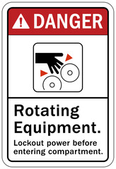 Naklejka premium Rotating equipment hazard sign and labels lock out power before entering compartment