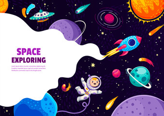 Space exploring cartoon starship, space planets and astronaut in galaxy. Vector background with funny kid cosmonaut flying in weightlessness explore outer cosmos with asteroids, ufo and starship
