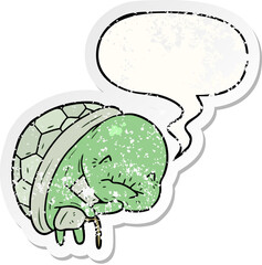 cute cartoon old turtle with walking stick with speech bubble distressed distressed old sticker
