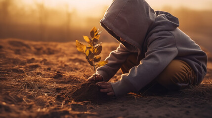 Generative AI image of a child planting a tree sapling. It is important to teach young generation to care for the environment