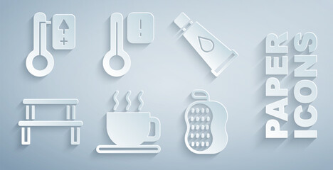 Set Cup of tea, Cream or lotion cosmetic tube, Sauna wood bench, Washcloth, thermometer and icon. Vector