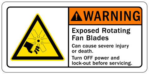 Rotating blade hazard sign and labels exposed rotating fan blades. Can cause severe injury or death