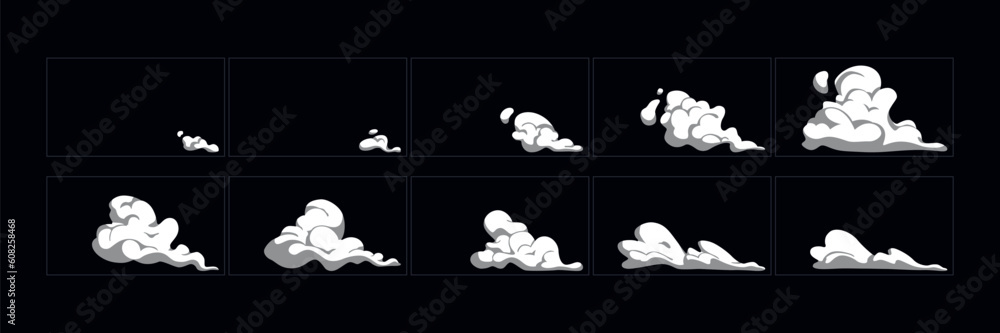 Wall mural smoke explosion animation effect. cartoon smoke animated sprite sheet frames. flash motion boom expl